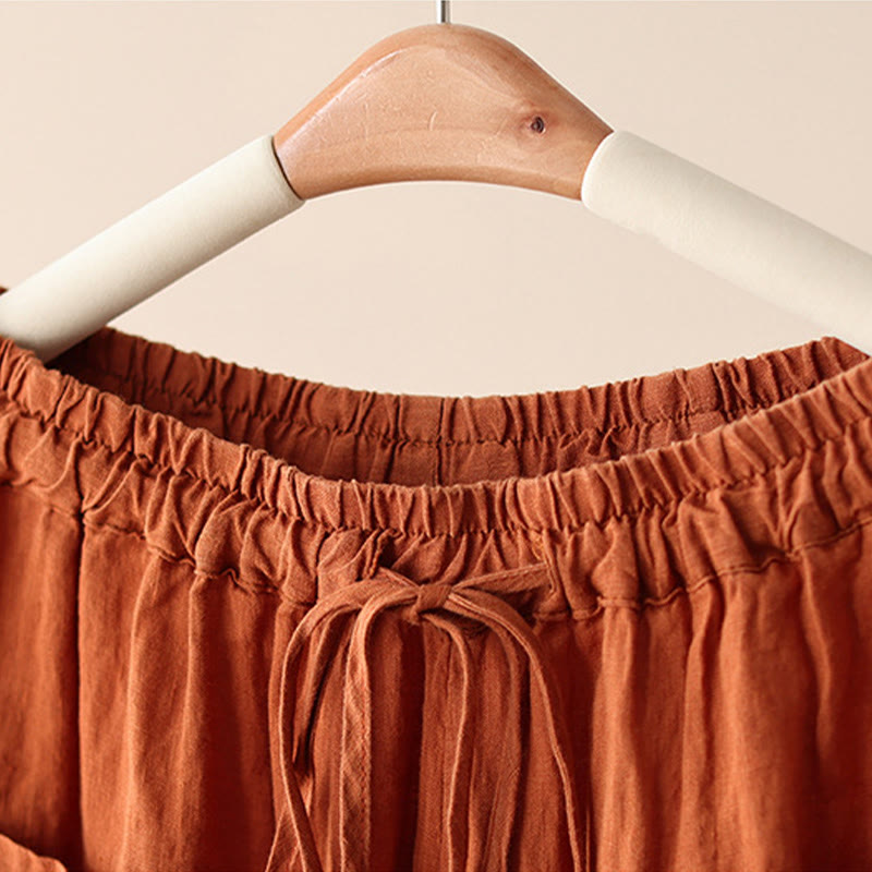 Casual Plain Wrinkles Design Drawstring 9 Length Cotton Linen Women's Wide Leg Pants With Pockets