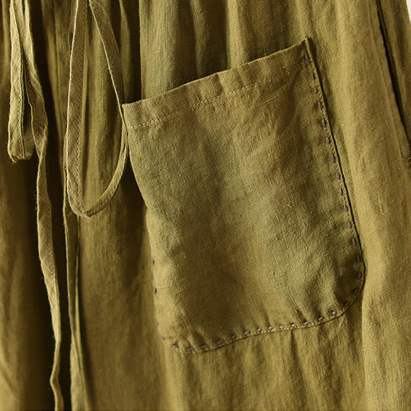 Casual Plain Wrinkles Design Drawstring 9 Length Cotton Linen Women's Wide Leg Pants With Pockets