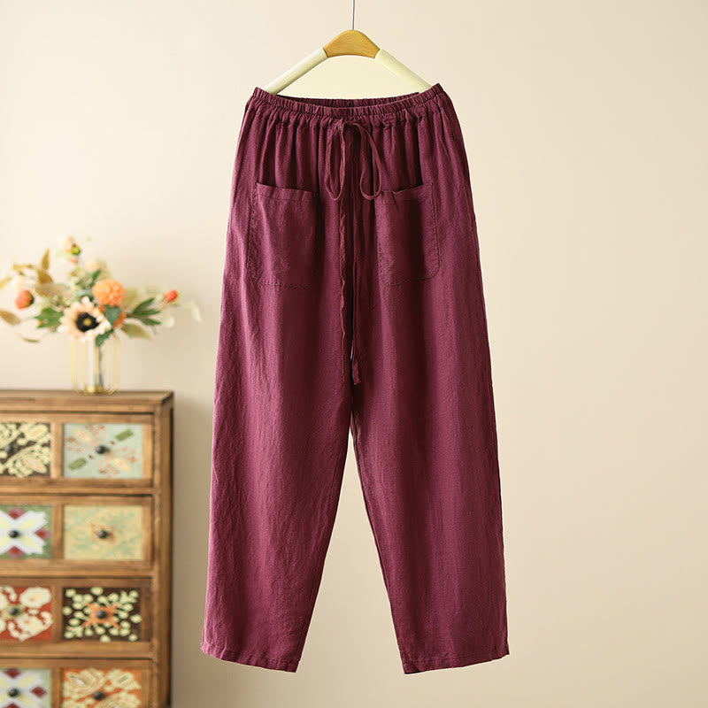 Casual Plain Wrinkles Design Drawstring 9 Length Cotton Linen Women's Wide Leg Pants With Pockets