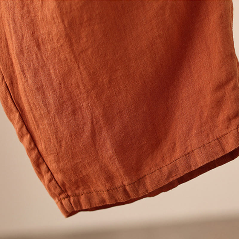 Casual Plain Wrinkles Design Drawstring 9 Length Cotton Linen Women's Wide Leg Pants With Pockets