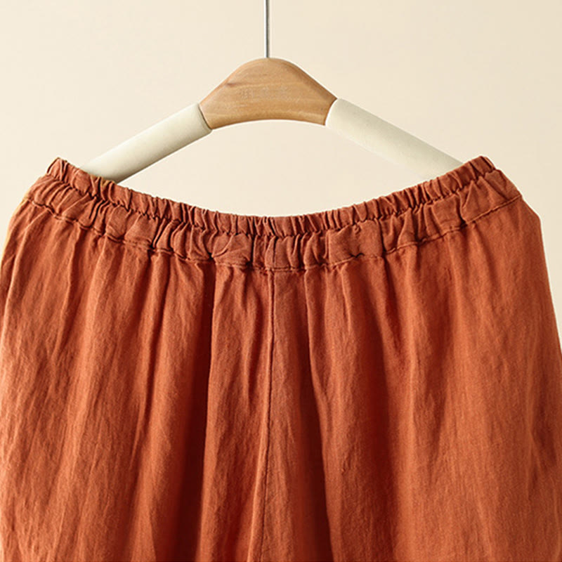 Casual Plain Wrinkles Design Drawstring 9 Length Cotton Linen Women's Wide Leg Pants With Pockets