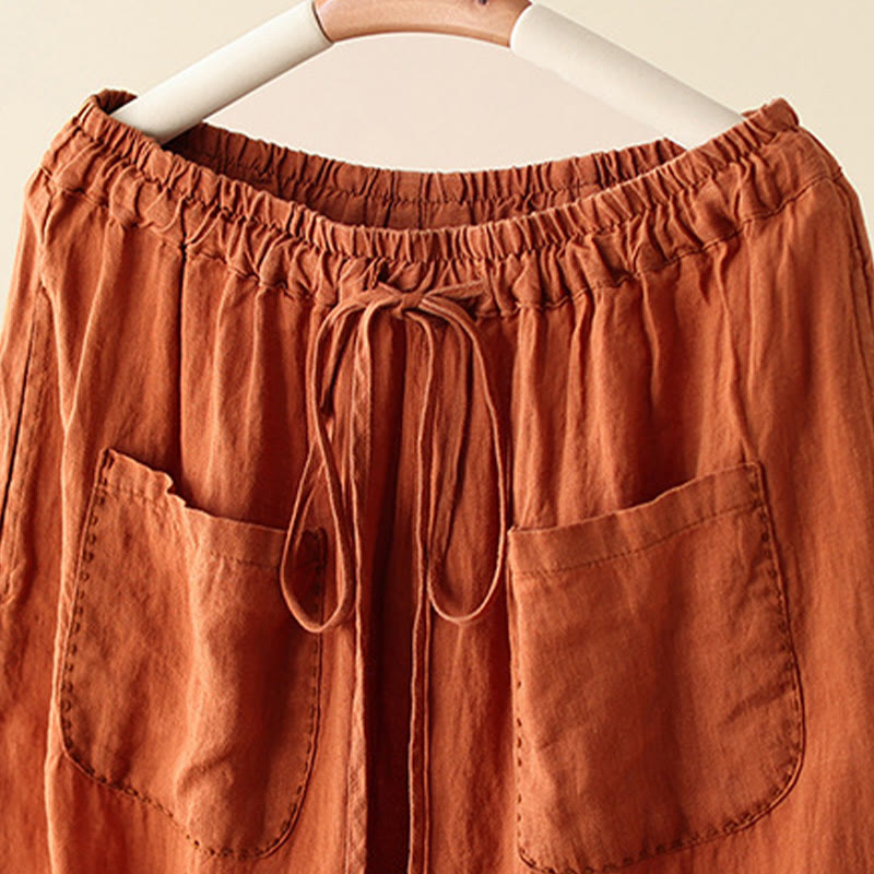 Casual Plain Wrinkles Design Drawstring 9 Length Cotton Linen Women's Wide Leg Pants With Pockets