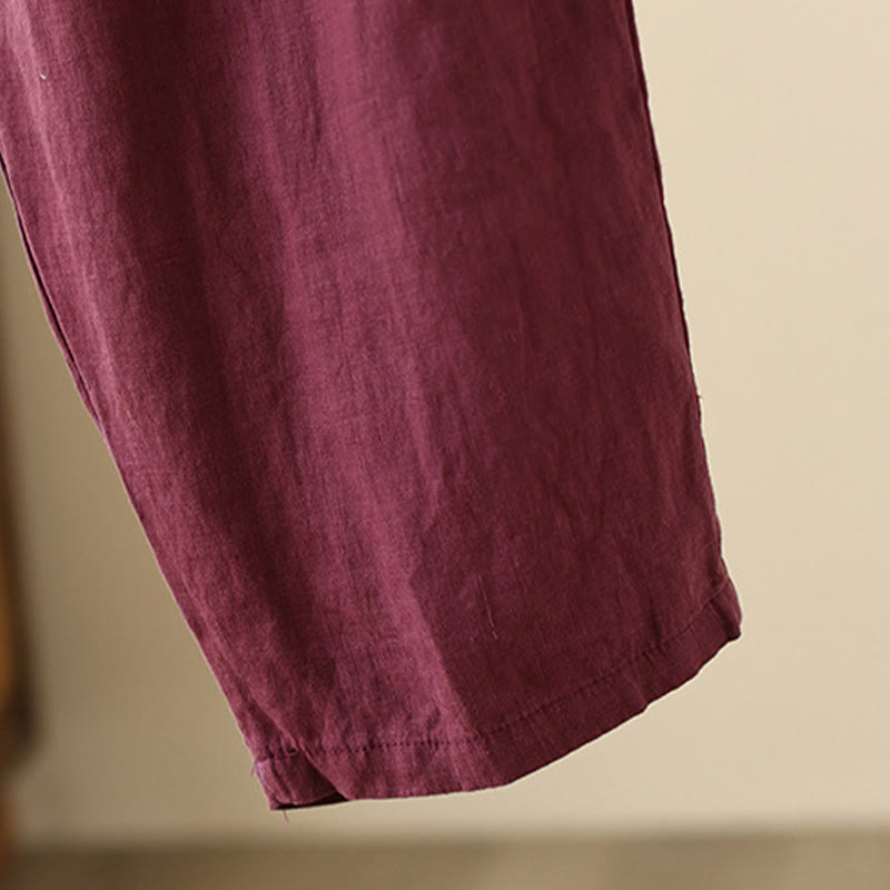 Casual Plain Wrinkles Design Drawstring 9 Length Cotton Linen Women's Wide Leg Pants With Pockets