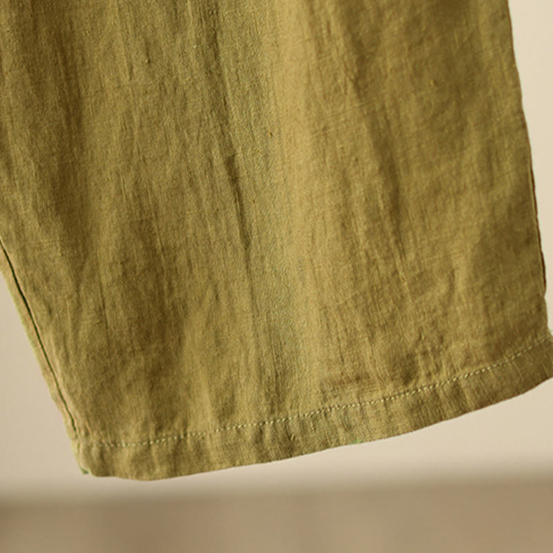 Casual Plain Wrinkles Design Drawstring 9 Length Cotton Linen Women's Wide Leg Pants With Pockets