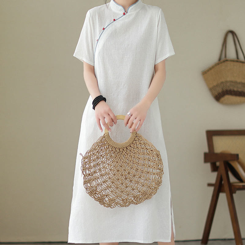 Pure Color Short Sleeve Jacquard Chinese Cheongsam Qipao Midi Dress With Pockets