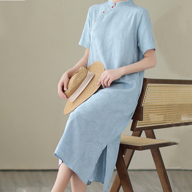 Pure Color Short Sleeve Jacquard Chinese Cheongsam Qipao Midi Dress With Pockets