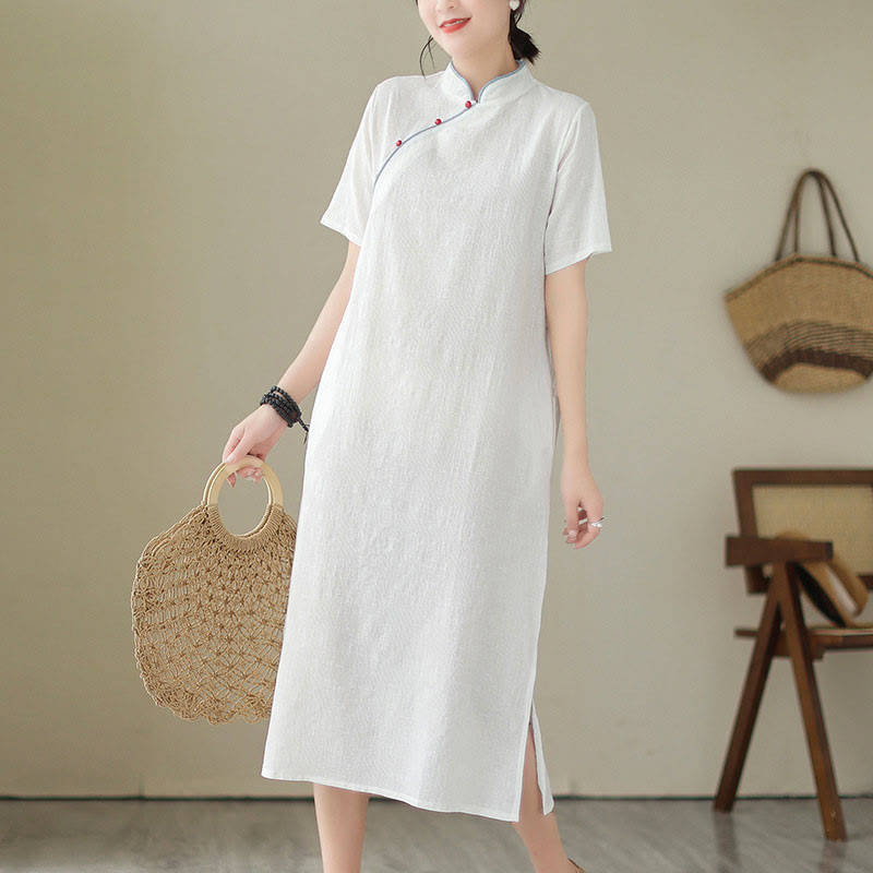 Pure Color Short Sleeve Jacquard Chinese Cheongsam Qipao Midi Dress With Pockets