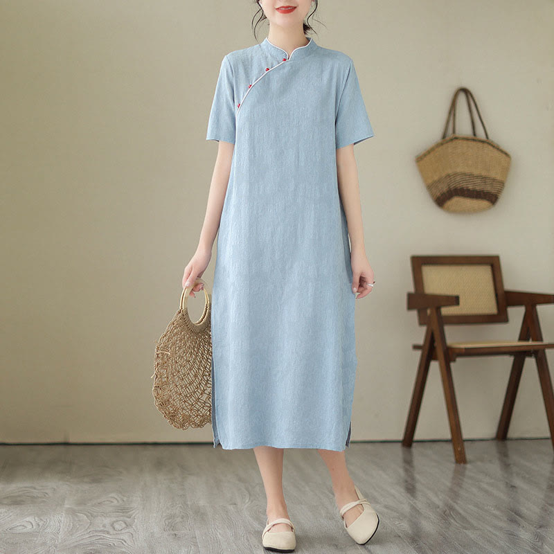 Pure Color Short Sleeve Jacquard Chinese Cheongsam Qipao Midi Dress With Pockets