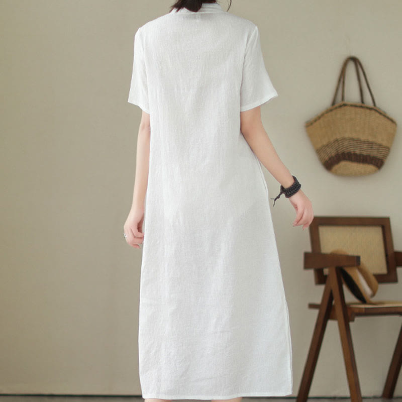 Pure Color Short Sleeve Jacquard Chinese Cheongsam Qipao Midi Dress With Pockets