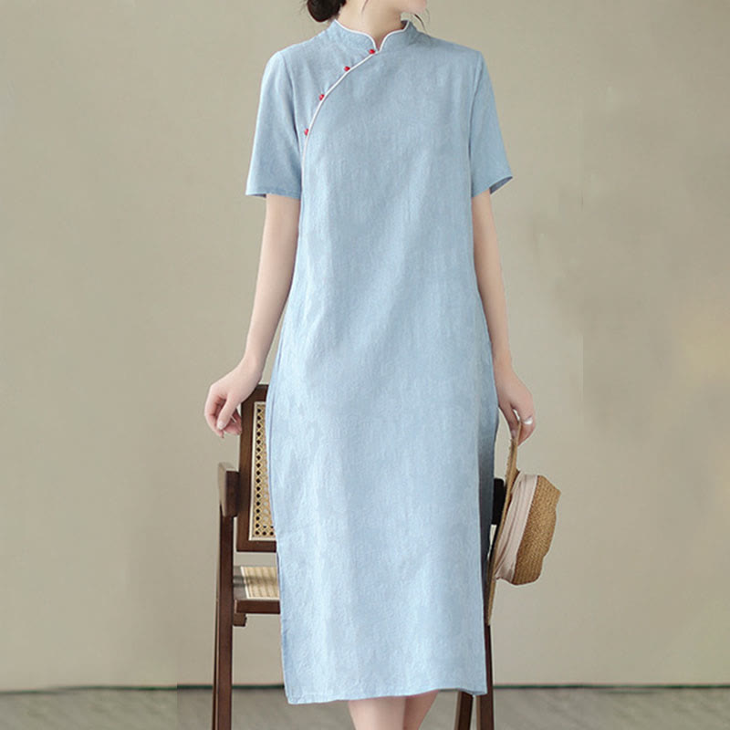 Pure Color Short Sleeve Jacquard Chinese Cheongsam Qipao Midi Dress With Pockets