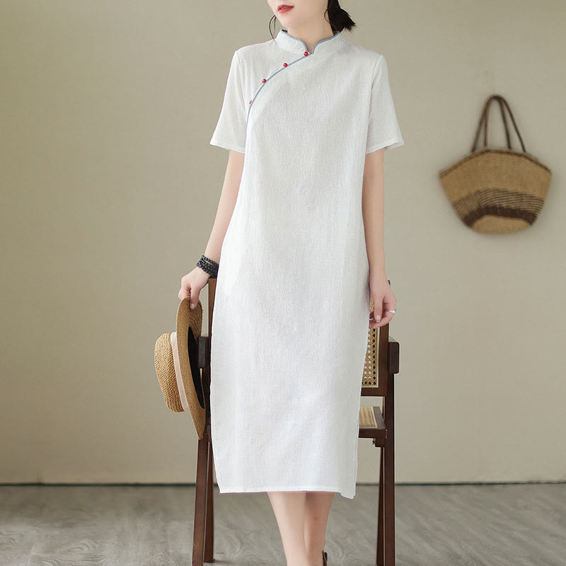 Pure Color Short Sleeve Jacquard Chinese Cheongsam Qipao Midi Dress With Pockets