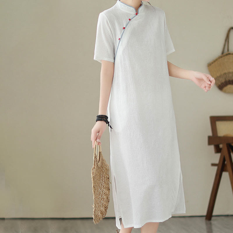 Pure Color Short Sleeve Jacquard Chinese Cheongsam Qipao Midi Dress With Pockets