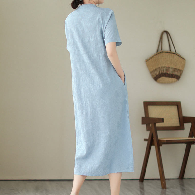 Pure Color Short Sleeve Jacquard Chinese Cheongsam Qipao Midi Dress With Pockets