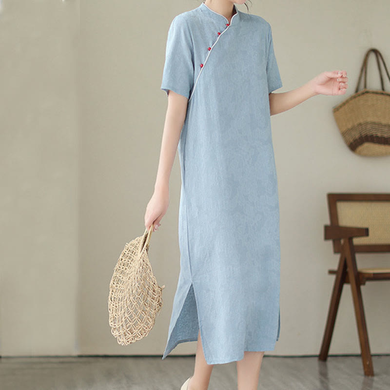 Pure Color Short Sleeve Jacquard Chinese Cheongsam Qipao Midi Dress With Pockets