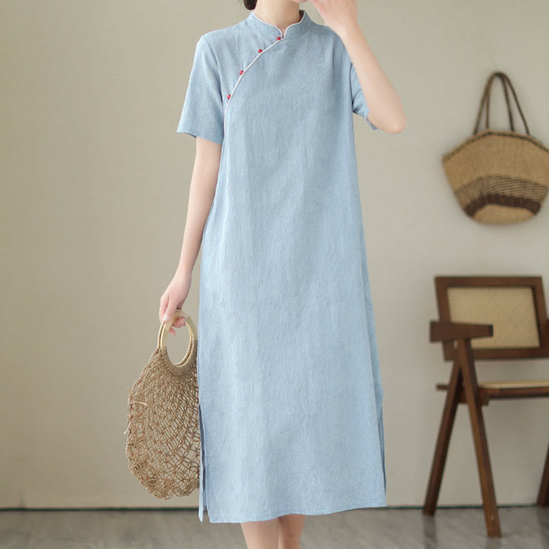Pure Color Short Sleeve Jacquard Chinese Cheongsam Qipao Midi Dress With Pockets