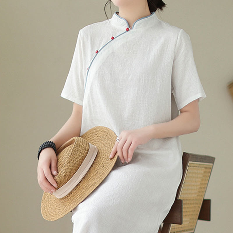 Pure Color Short Sleeve Jacquard Chinese Cheongsam Qipao Midi Dress With Pockets