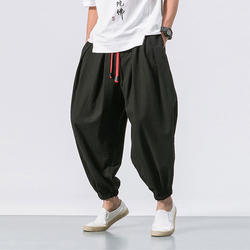 Casual Sports Men's Solid Color Cotton Drawstring Pants With Pockets
