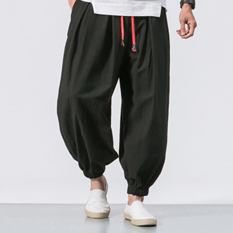 Casual Sports Men's Solid Color Cotton Drawstring Pants With Pockets