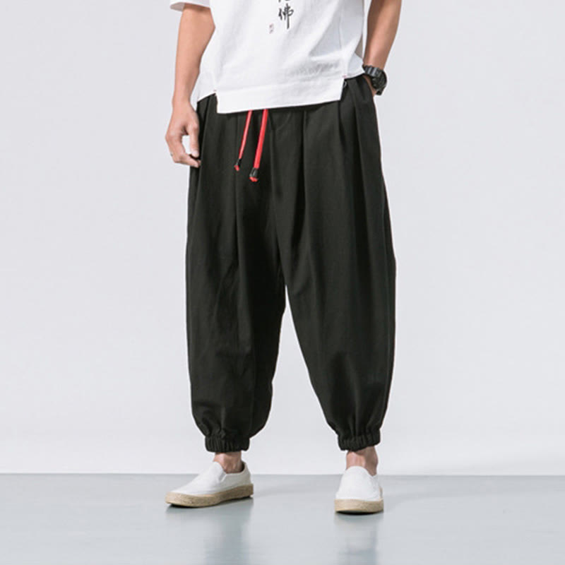 Casual Sports Men's Solid Color Cotton Drawstring Pants With Pockets