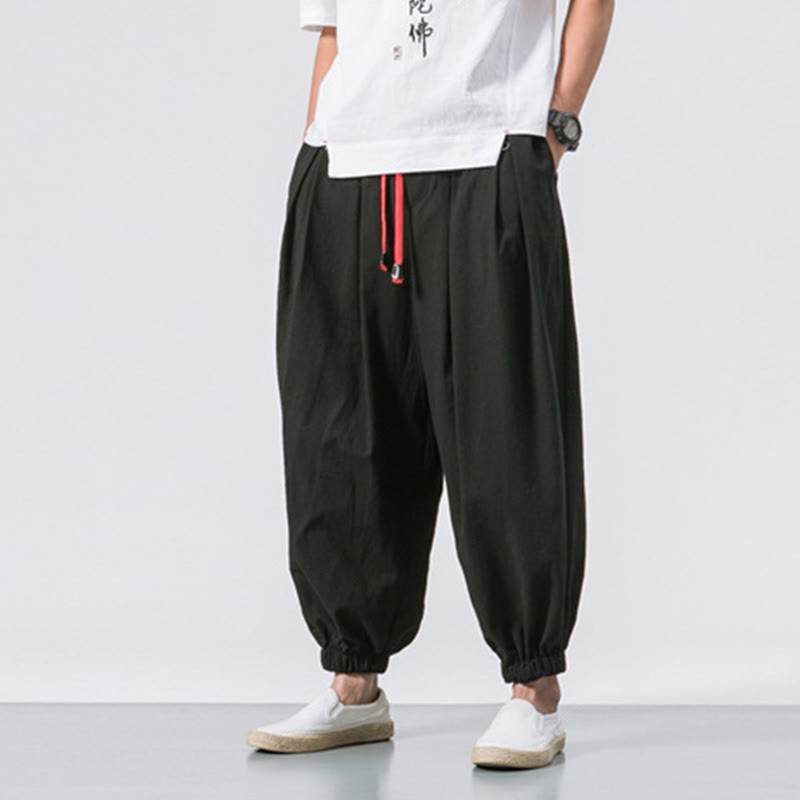 Casual Sports Men's Solid Color Cotton Drawstring Pants With Pockets
