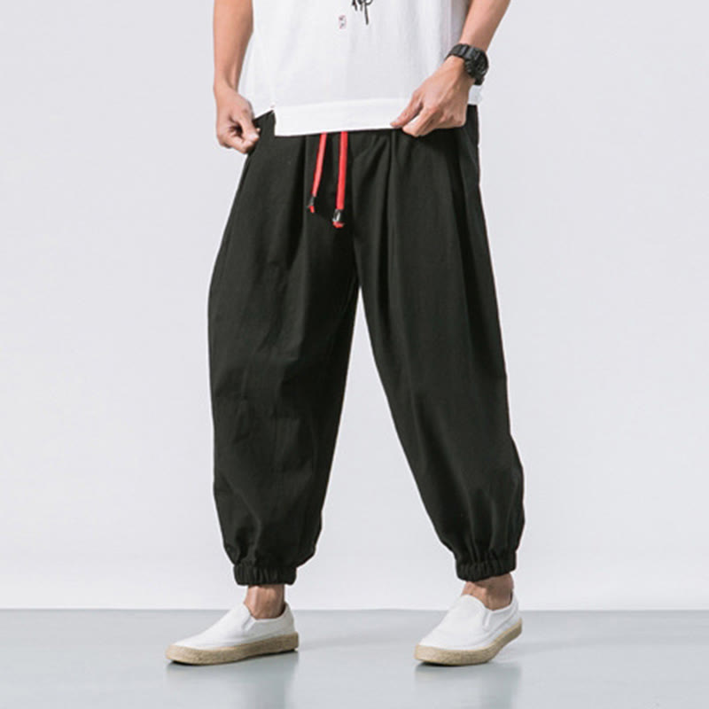 Casual Sports Men's Solid Color Cotton Drawstring Pants With Pockets