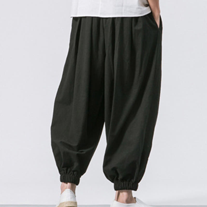 Casual Sports Men's Solid Color Cotton Drawstring Pants With Pockets