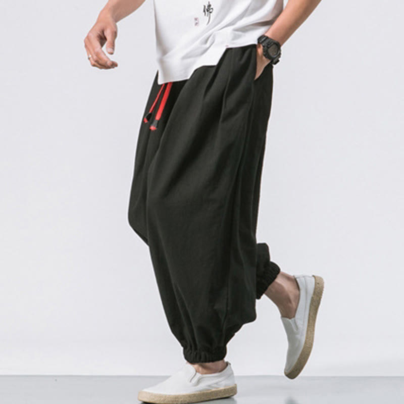 Casual Sports Men's Solid Color Cotton Drawstring Pants With Pockets