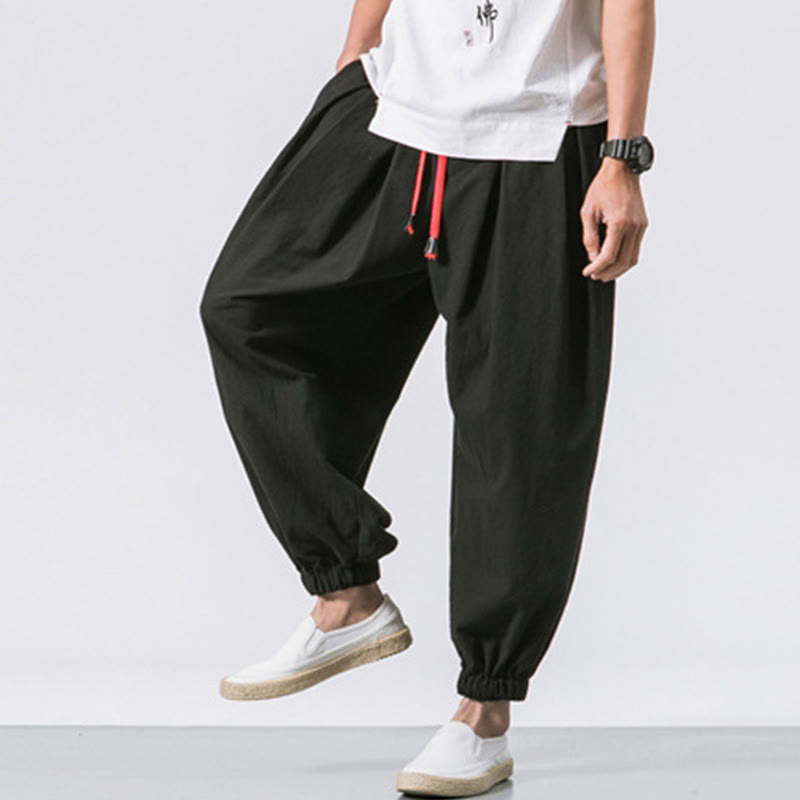 Casual Sports Men's Solid Color Cotton Drawstring Pants With Pockets