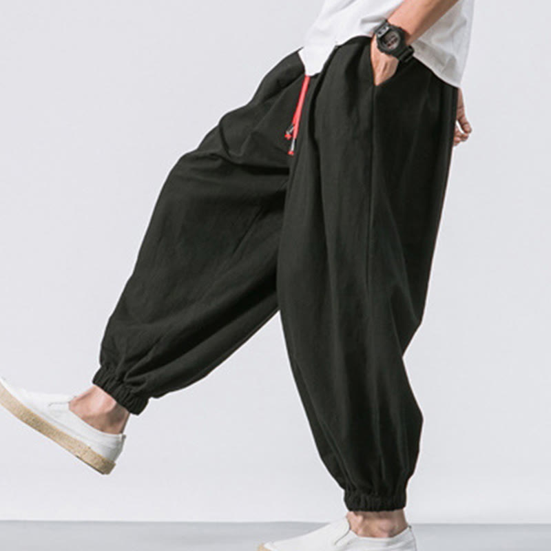 Casual Sports Men's Solid Color Cotton Drawstring Pants With Pockets