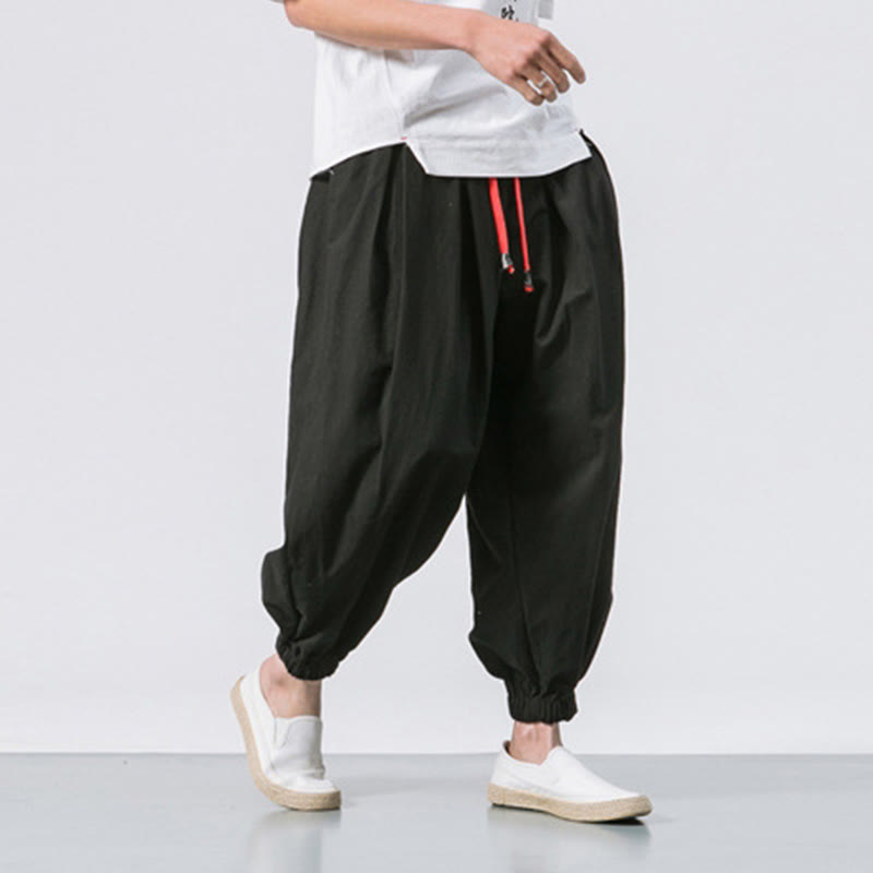Casual Sports Men's Solid Color Cotton Drawstring Pants With Pockets