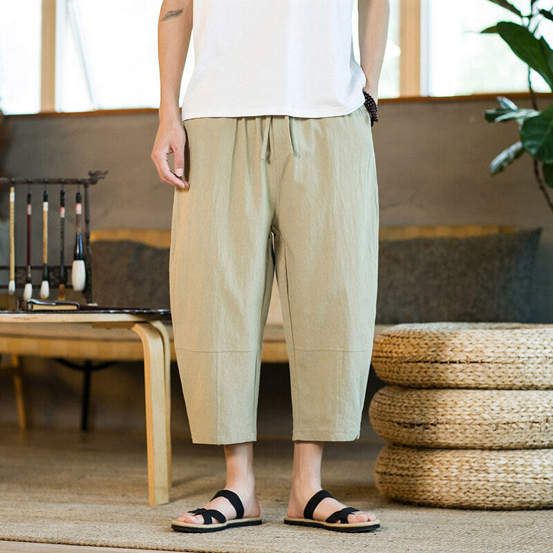 Simple Design Drawstring Cotton Linen Men's Solid Color Harem Pants With Pockets