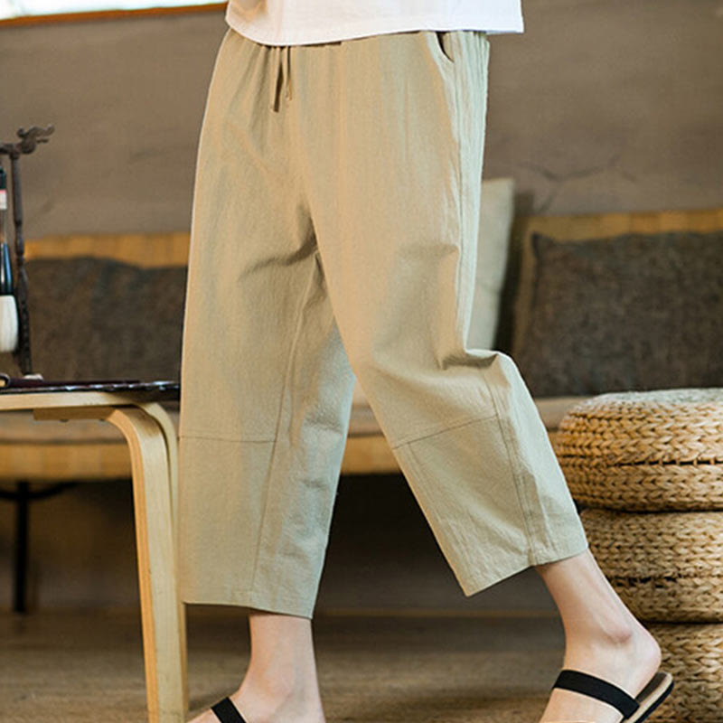 Simple Design Drawstring Cotton Linen Men's Solid Color Harem Pants With Pockets
