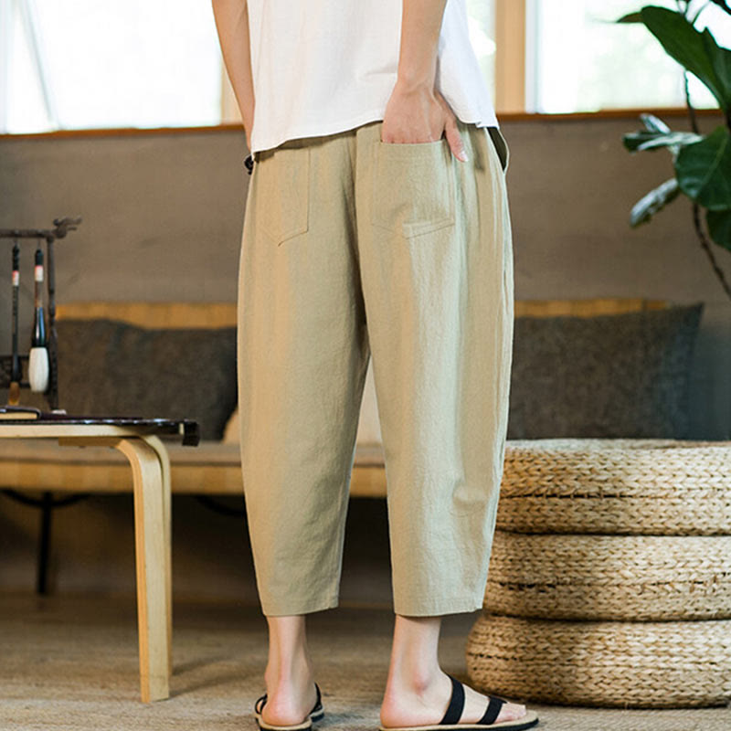 Simple Design Drawstring Cotton Linen Men's Solid Color Harem Pants With Pockets