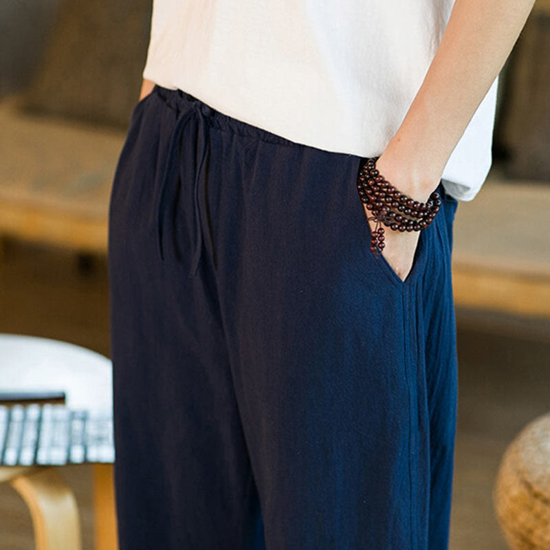 Simple Design Drawstring Cotton Linen Men's Solid Color Harem Pants With Pockets