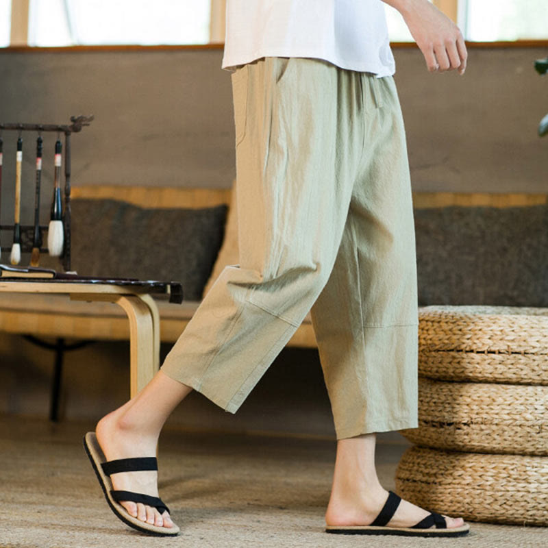 Simple Design Drawstring Cotton Linen Men's Solid Color Harem Pants With Pockets