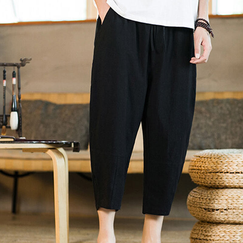 Simple Design Drawstring Cotton Linen Men's Solid Color Harem Pants With Pockets