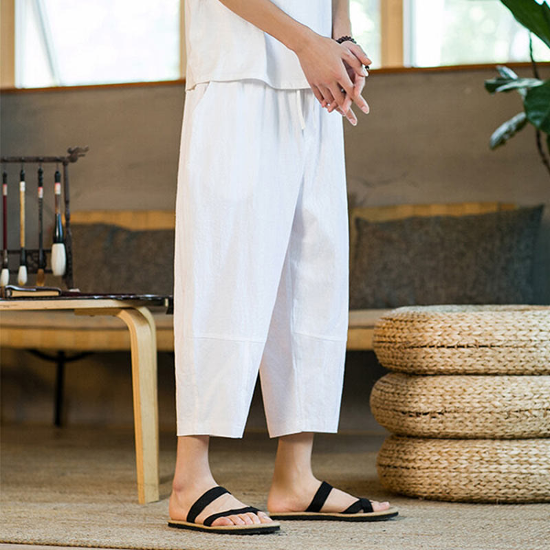 Simple Design Drawstring Cotton Linen Men's Solid Color Harem Pants With Pockets