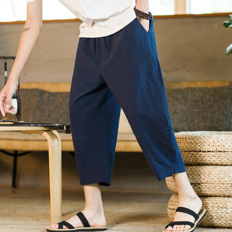 Simple Design Drawstring Cotton Linen Men's Solid Color Harem Pants With Pockets