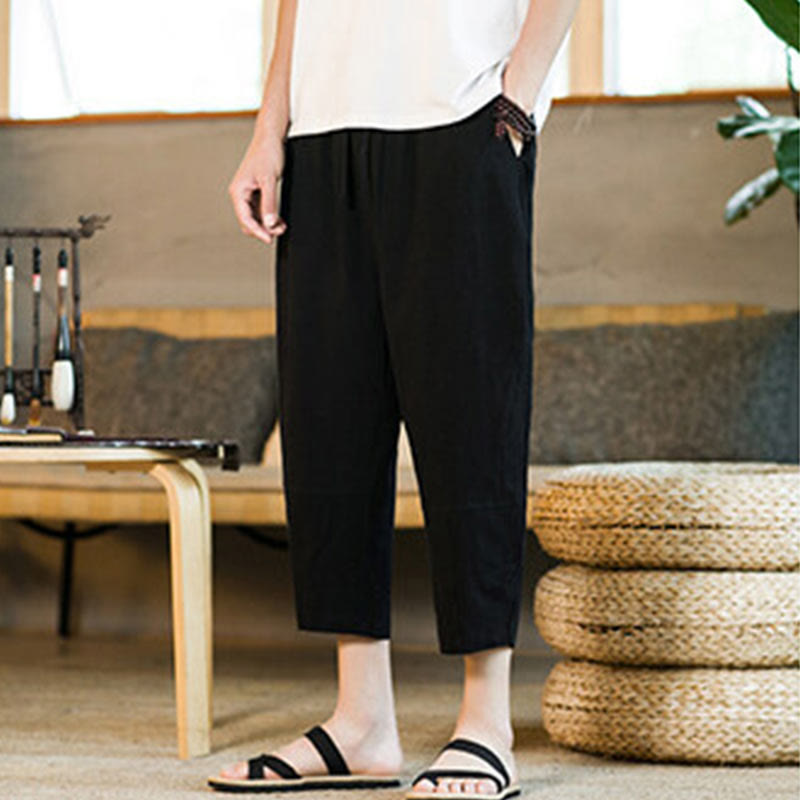 Simple Design Drawstring Cotton Linen Men's Solid Color Harem Pants With Pockets
