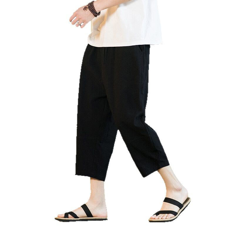 Simple Design Drawstring Cotton Linen Men's Solid Color Harem Pants With Pockets