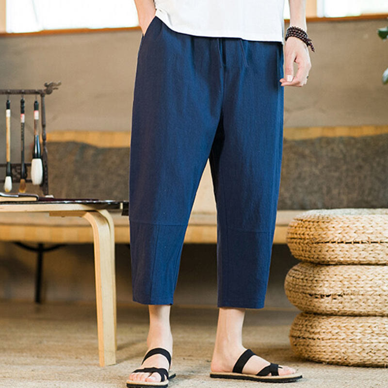 Simple Design Drawstring Cotton Linen Men's Solid Color Harem Pants With Pockets