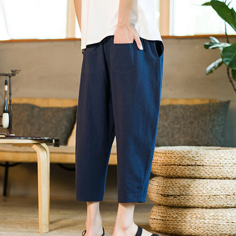 Simple Design Drawstring Cotton Linen Men's Solid Color Harem Pants With Pockets