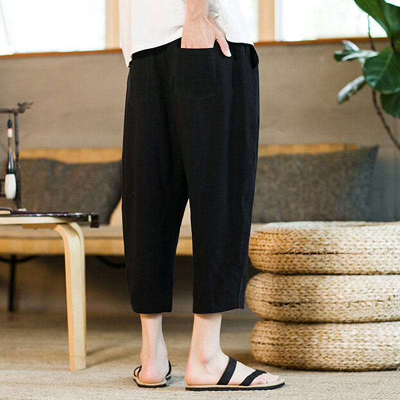 Simple Design Drawstring Cotton Linen Men's Solid Color Harem Pants With Pockets