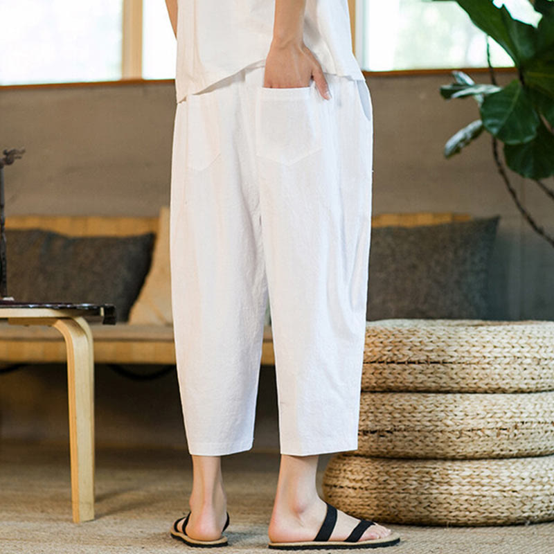 Simple Design Drawstring Cotton Linen Men's Solid Color Harem Pants With Pockets