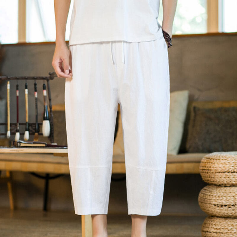 Simple Design Drawstring Cotton Linen Men's Solid Color Harem Pants With Pockets