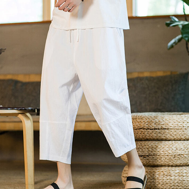 Simple Design Drawstring Cotton Linen Men's Solid Color Harem Pants With Pockets