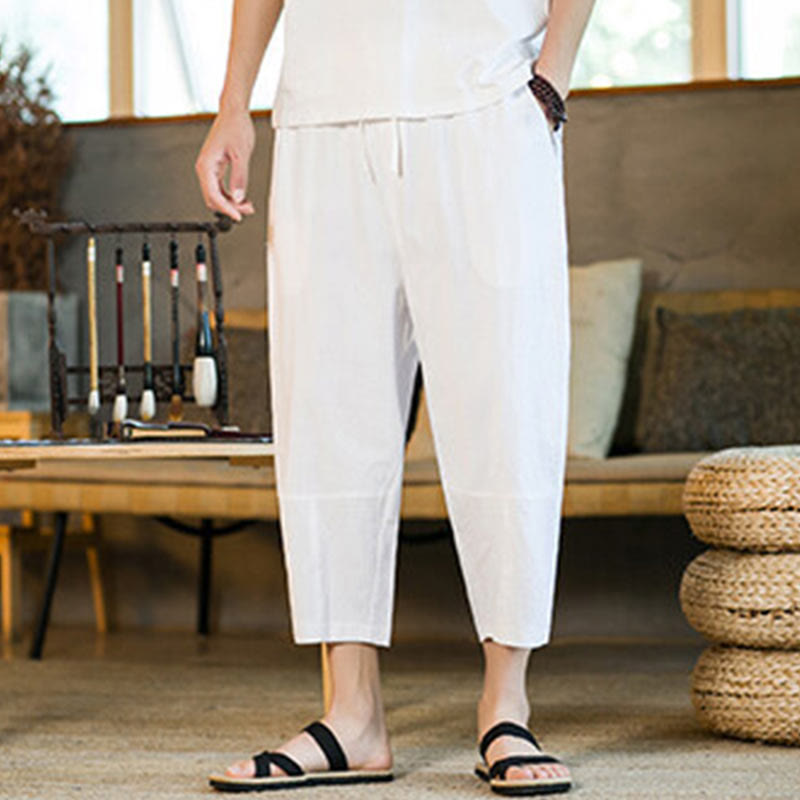 Simple Design Drawstring Cotton Linen Men's Solid Color Harem Pants With Pockets