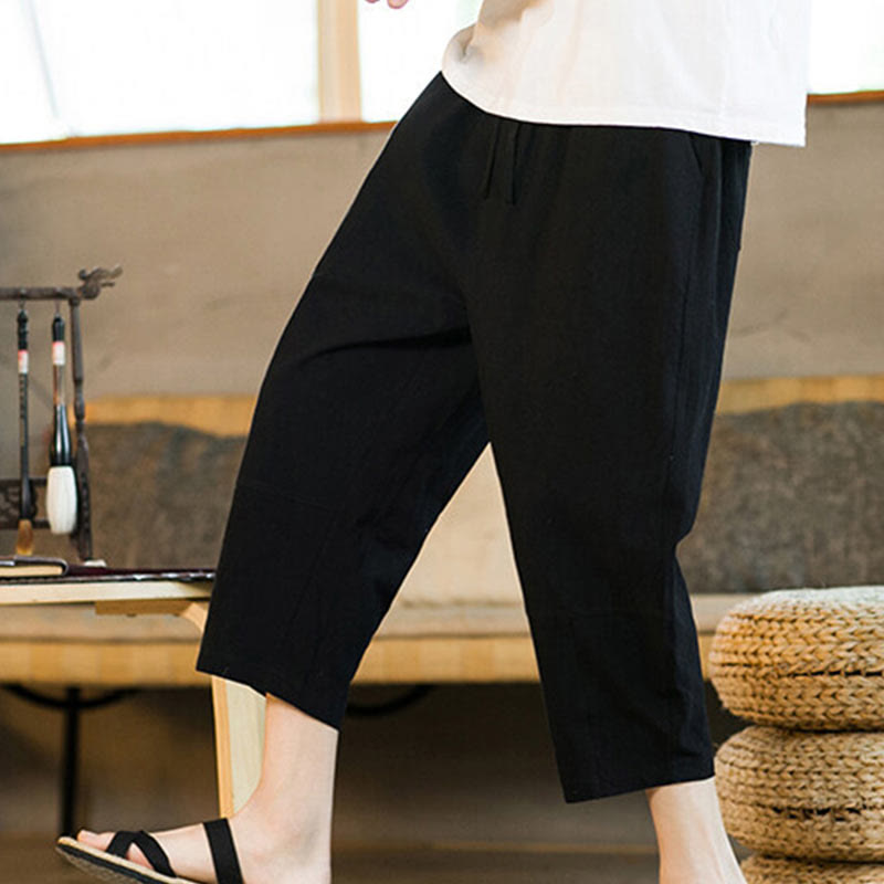 Simple Design Drawstring Cotton Linen Men's Solid Color Harem Pants With Pockets