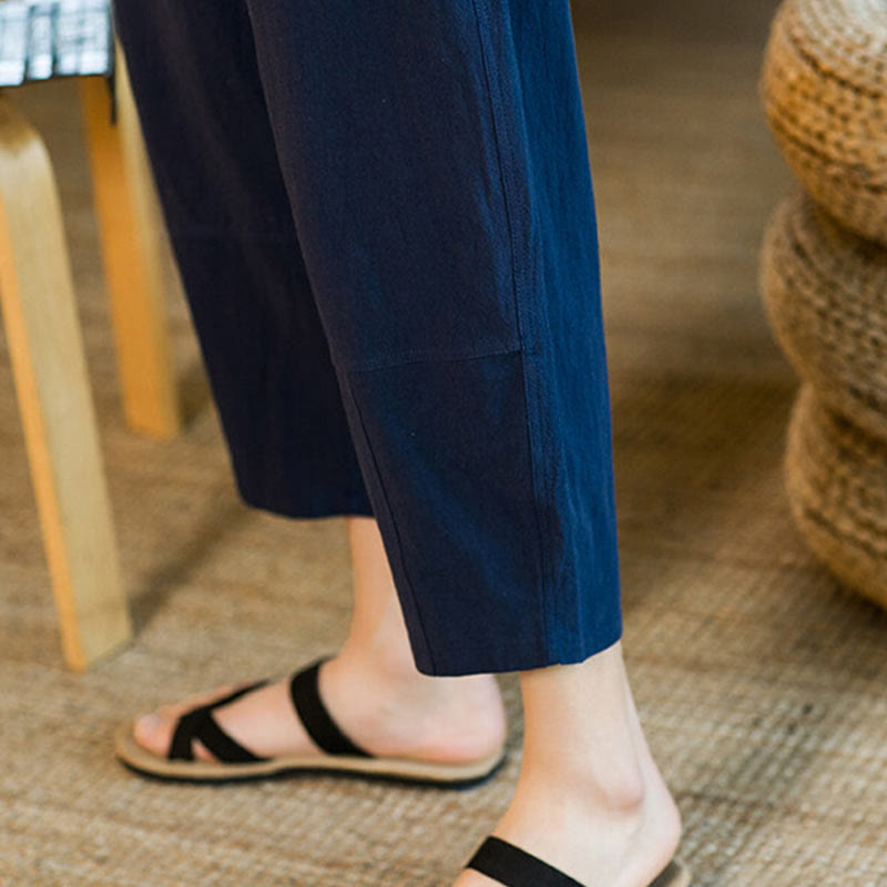 Simple Design Drawstring Cotton Linen Men's Solid Color Harem Pants With Pockets