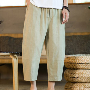 Simple Design Drawstring Cotton Linen Men's Solid Color Harem Pants With Pockets
